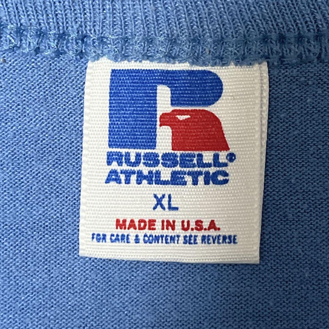 80's RUSSELL ラッセル USA製 アメリカ製 ビンテージTシャツ XL 水色 フロッキープリント 80年代ヴィンテージ US古着 アメカジ HTK3555の画像6