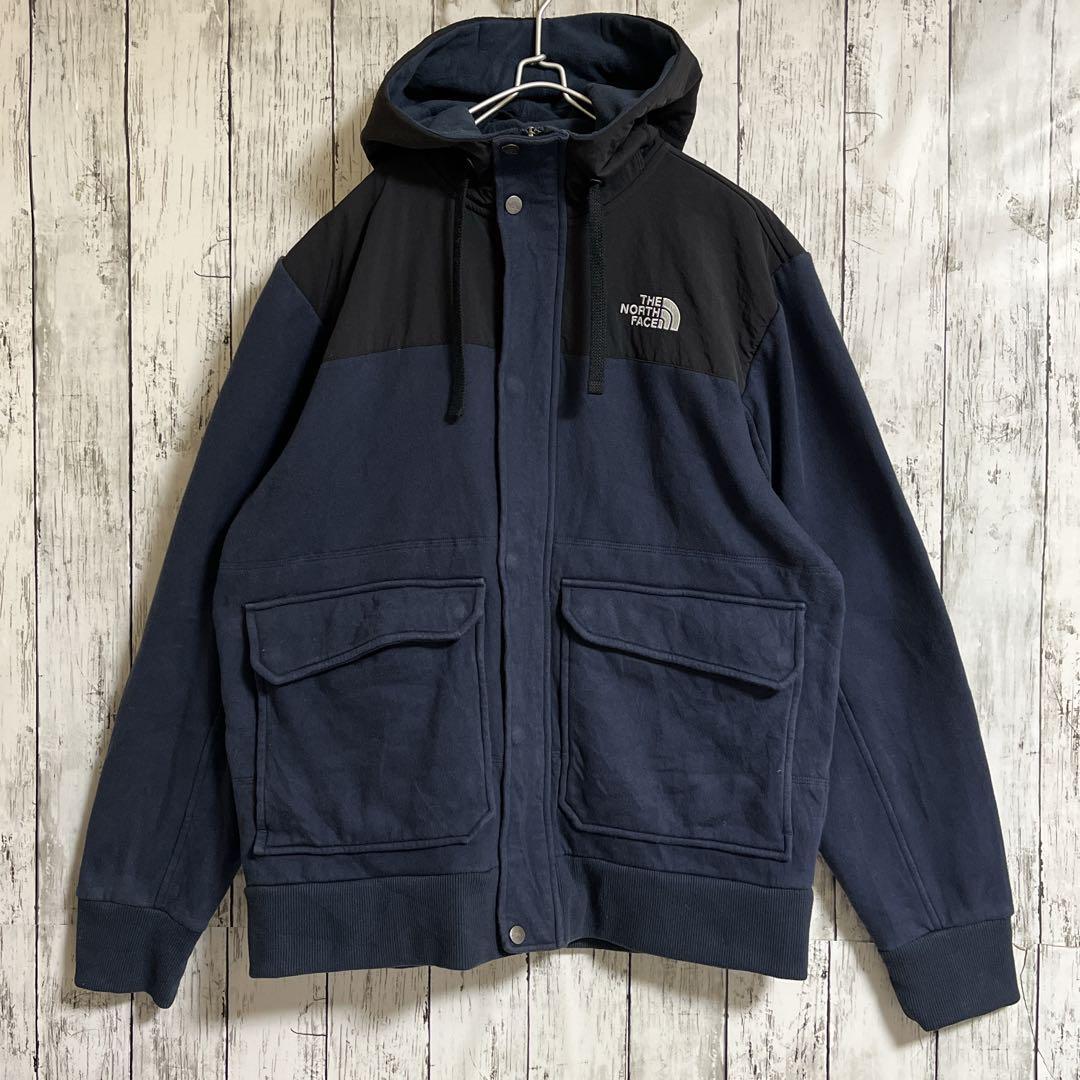 THE NORTH FACE ノースフェイス ジップアップパーカー L 紺黒 ワンポイント 刺繍ロゴ ナイロン切替 古着 アメカジ アウトドア HTK3621