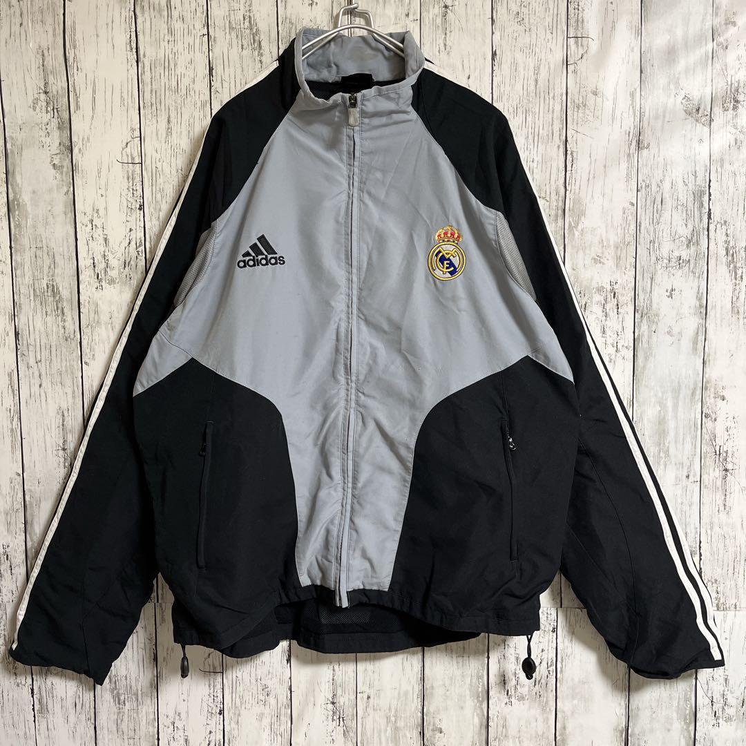 00's adidas アディダス ナイロンジャケット サッカー レアルマドリード XL 黒 ブラック グレー Y2K US古着 アメカジ HTK3718_画像1