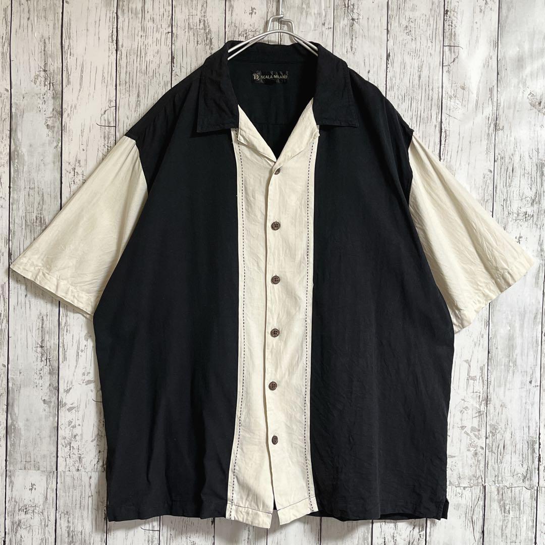90's 半袖シルクシャツ ラインシャツ 黒白 2XL ボックスシルエット 2トーン US古着 アメカジ 90年代ヴィンテージ ビッグサイズ HTK3776