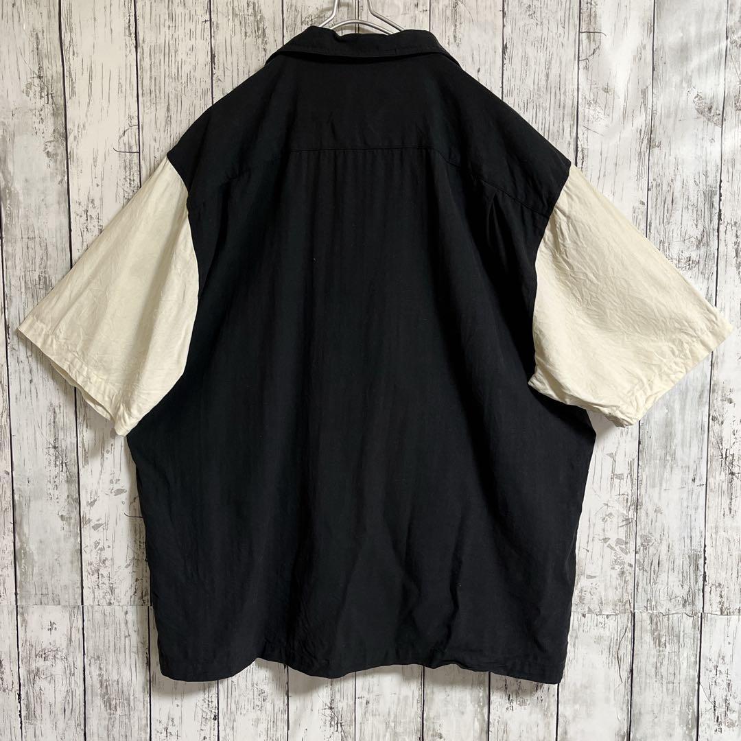 90's 半袖シルクシャツ ラインシャツ 黒白 2XL ボックスシルエット 2トーン US古着 アメカジ 90年代ヴィンテージ ビッグサイズ HTK3776