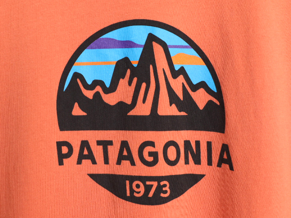 17年製 パタゴニア プリント 半袖 Tシャツ メンズ М Patagonia アウトドア フィッツロイ クレスト グラフィック スリム フィット オレンジ_画像3