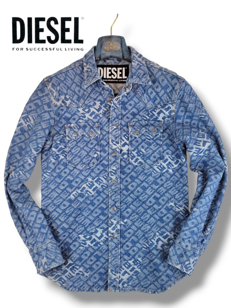 美品DIESEL /ディーゼル　D-LEO CAMICIA DENIM SHIRT　デニムシャツGジャン　総柄ジャガードロゴ/モノグラム　インディゴ　サイズ（M～L）_画像3