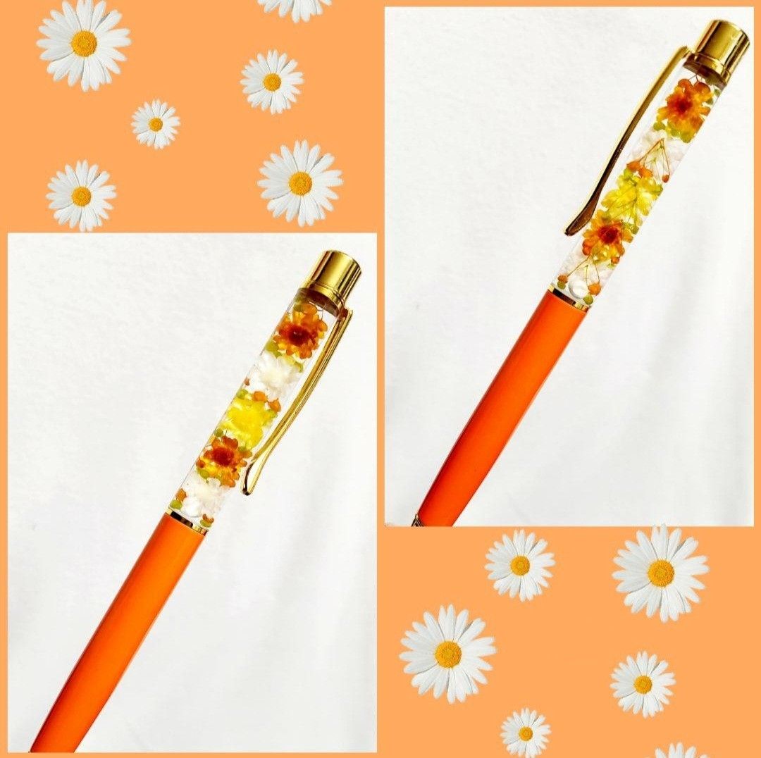 ハーバリウムボールペン 花たっぷり オレンジ プレゼント プチギフト 可愛い 完成品 オシャレ 贈り物 母の日