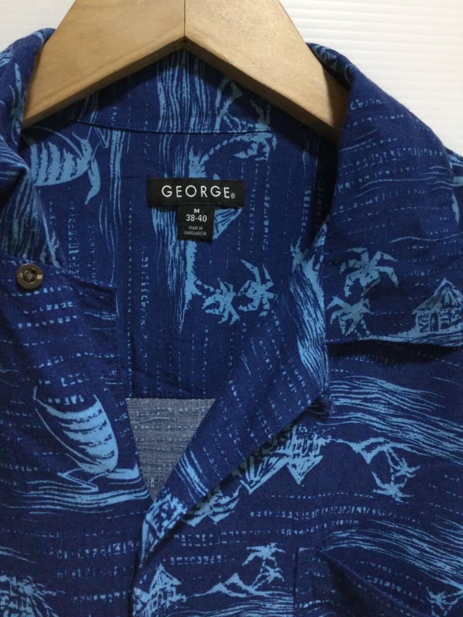 GEORGE アロハシャツ ハワイアン レーヨン半袖開襟シャツ 濃い青系 メンズM 大きめ 良品綺麗_画像4