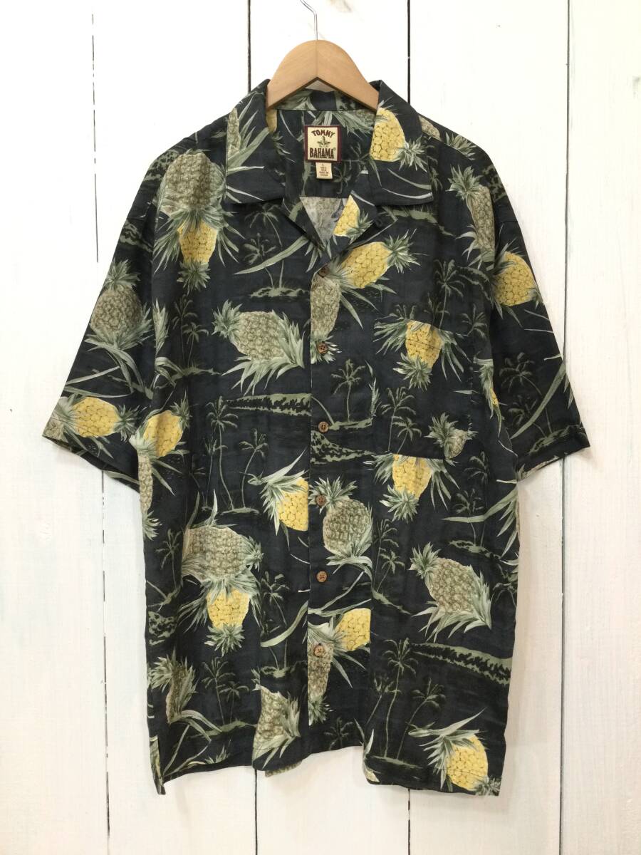 TOMMY BAHAMA トミーバハマ 美品 シルクシャツ アロハシャツ ハワイアン メンズL 大きめ 黒系 良品綺麗_画像1