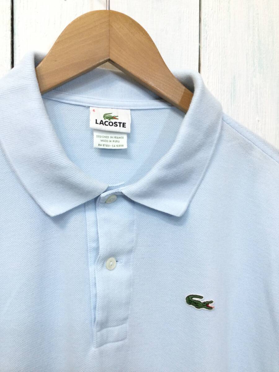 LACOSTE ラコステ コットン半袖ポロシャツ ポロシャツ 胸ロゴ サイズ6 メンズL 薄い水色 良品 _画像3