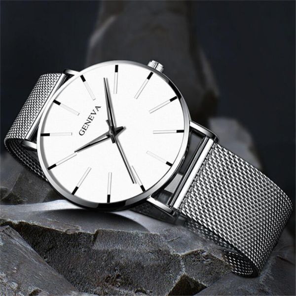 TK206:【定価61800円】１円スタート メンズ 腕時計 超薄型 ステンレススチール ビジネス シルバー メッシュ クの画像2