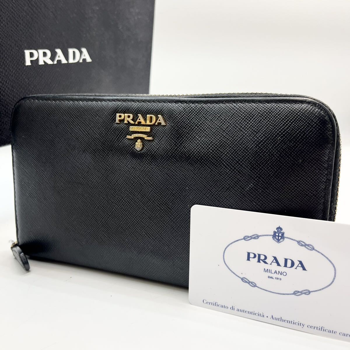 1円〜 美品 PRADA プラダ メンズ レディース 長財布 大容量 ファスナー ジップ 三角プレート ロゴ サフィアーノレザー ブラック 黒の画像1