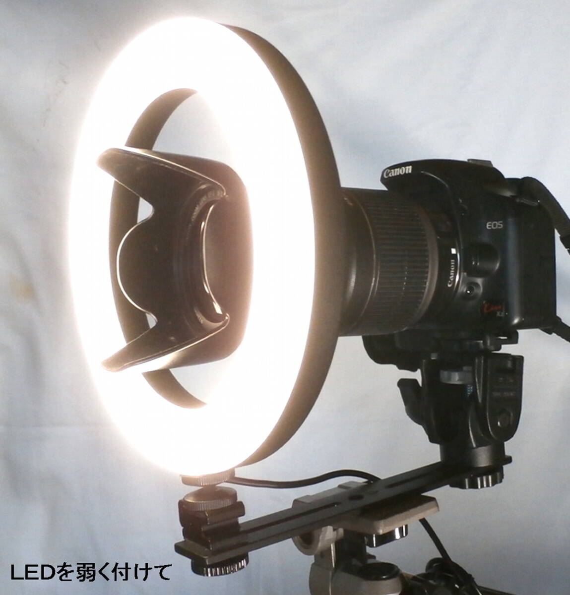 LEDリングライト セット 一眼レフ カメラ 撮影用 照度調節可能 20cm径 8W 5V USB給電タイプ Manprotto 234 雲台 設置済み 自作組み立て品の画像1
