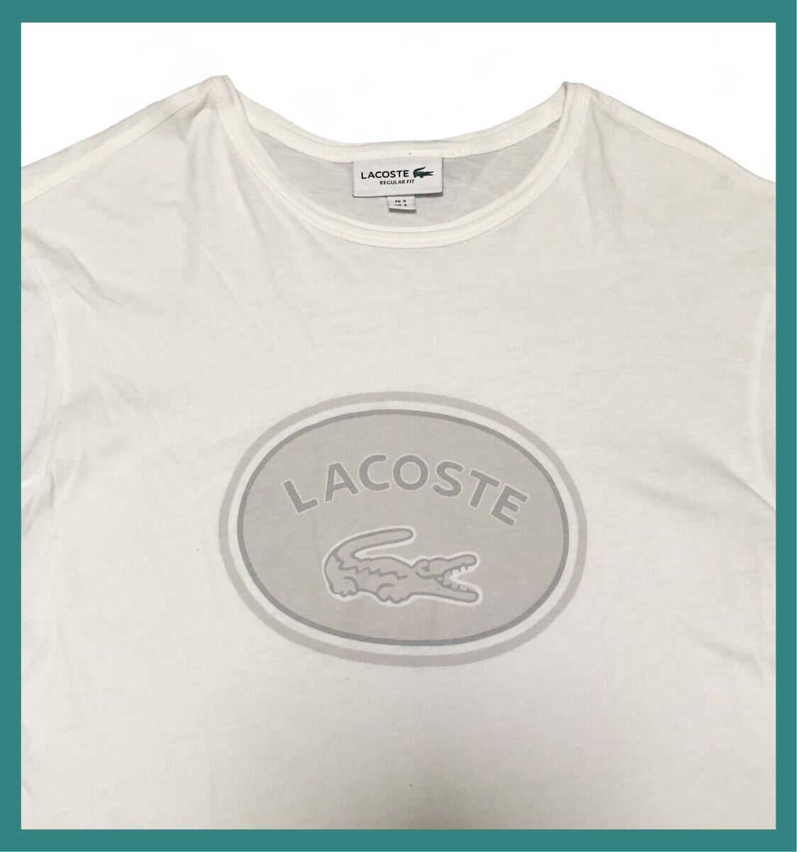 764◆LACOSTE ラコステ◆ビッグロゴ ワニプリント ワニワッペン コットン 半袖 Tシャツ ホワイト US Sの画像1