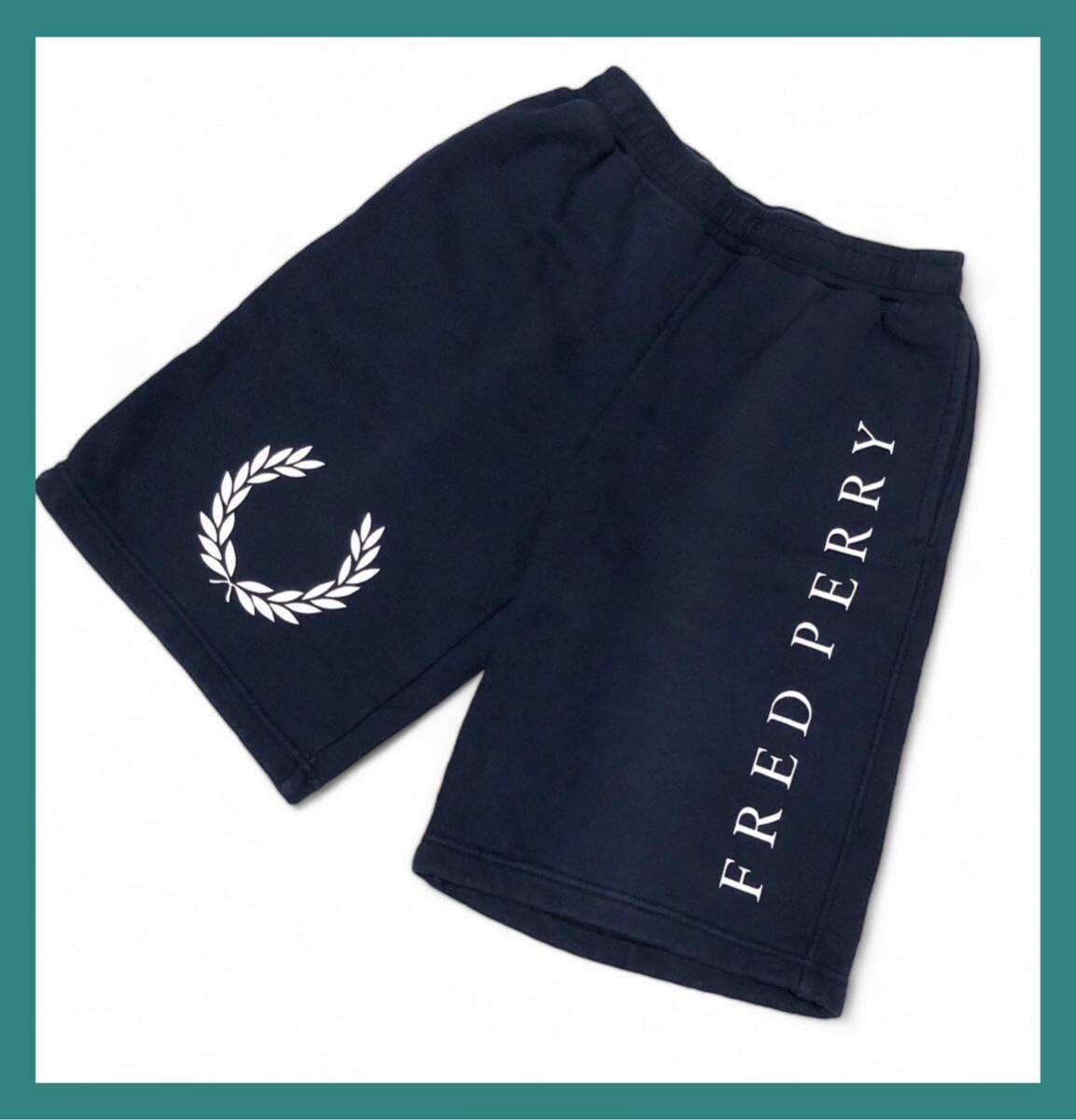 753◆FRED PERRY フレッドペリー ◆ビッグロゴ 月桂樹プリント スウェット ハーフパンツ ネイビー L_画像1