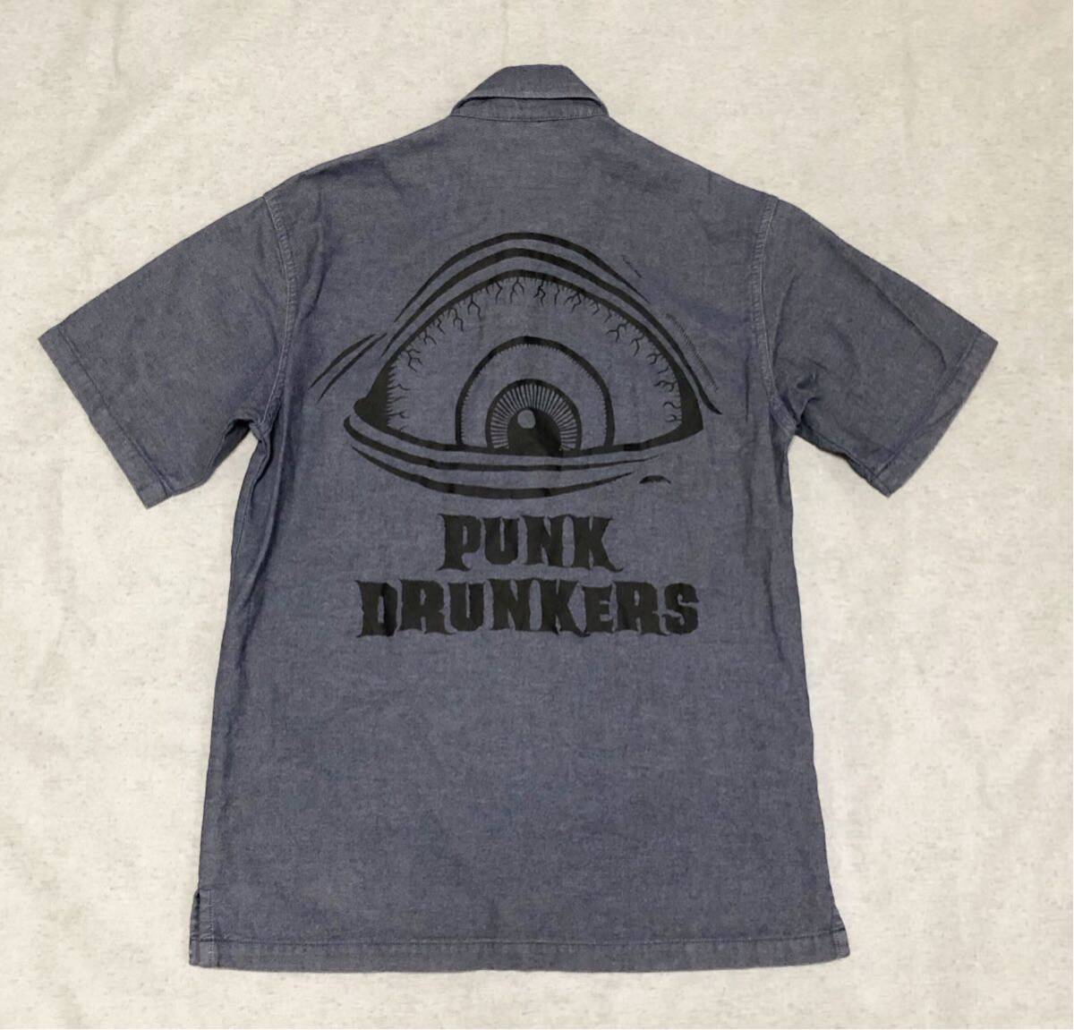 767*PUNK DRUNKERS punk gong n The Cars * one-eyed . embroidery big Logo Medama print cotton short sleeves shirt navy 