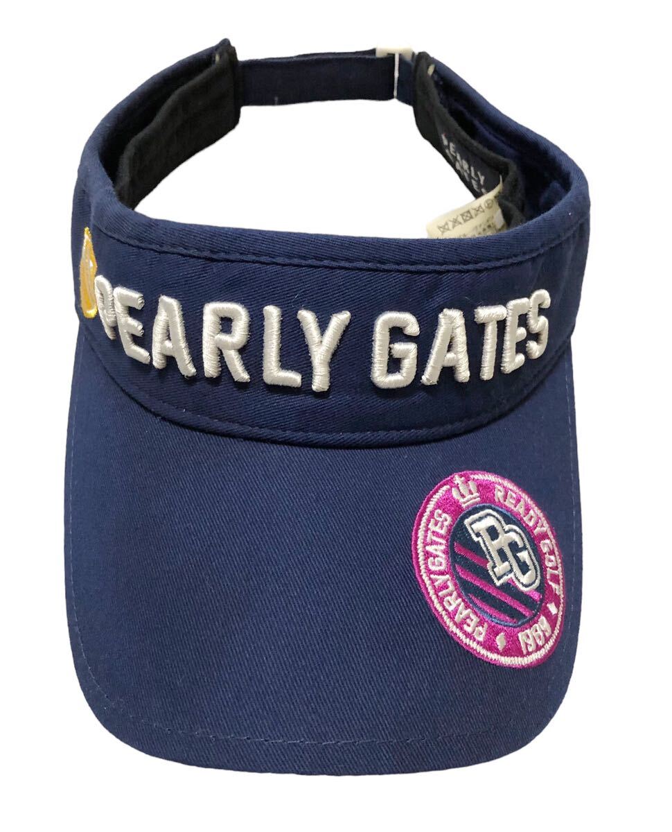 827◆PEARLY GATES パーリーゲイツ◆ビッグロゴ エンブレム 89ナンバリング刺繍 コットン ゴルフ サンバイザー ネイビー FR_画像2