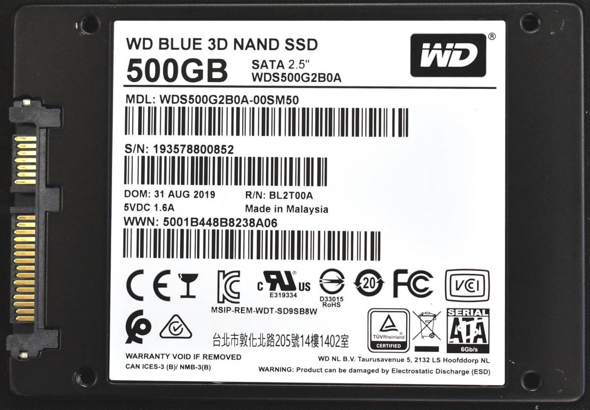 1円スタート Western Digital WD Blue 3D WDS500G2B0A (500GB) SATA SSD 2.5' 7mm CristalDiscinfo 正常(99%) 使用時間:4242H (管:SAS02