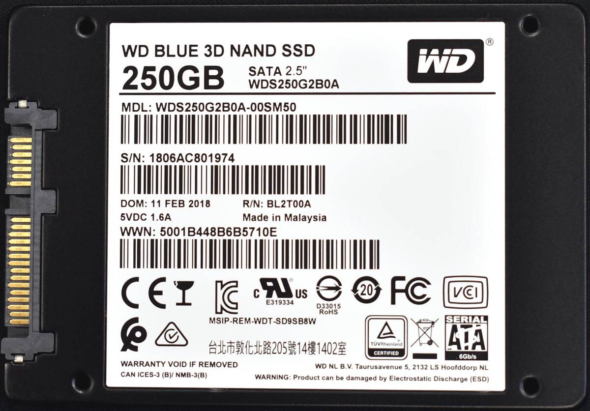 1円スタート Western Digital WD Blue 3D WDS250G2B0A (250GB) SATA SSD 2.5' 7mm CristalDiscinfo 正常(97%) 使用時間:3978H (管:SAS00の画像2
