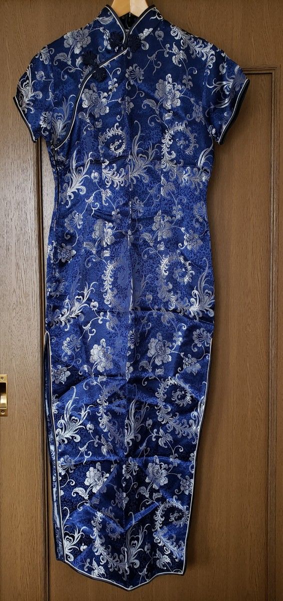 チャイナドレス　 ワンピース　 ロング丈 半袖 ブルー