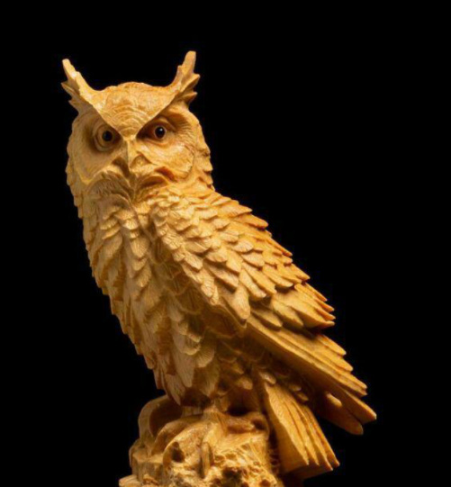 『フクロウ』東洋彫刻 柘植製高級木彫り 天然木 置物 彫刻工芸品_画像4