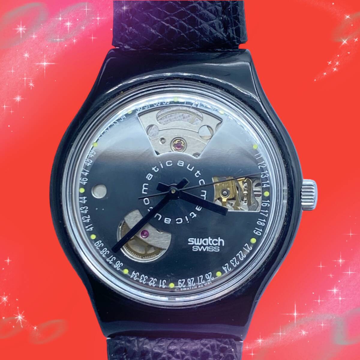 《稼働品》　スウォッチ　swatch　1991年　初代オートマチック　ブラックモーション　スケルトン　メンズ腕時計　シルバー系文字盤　AT