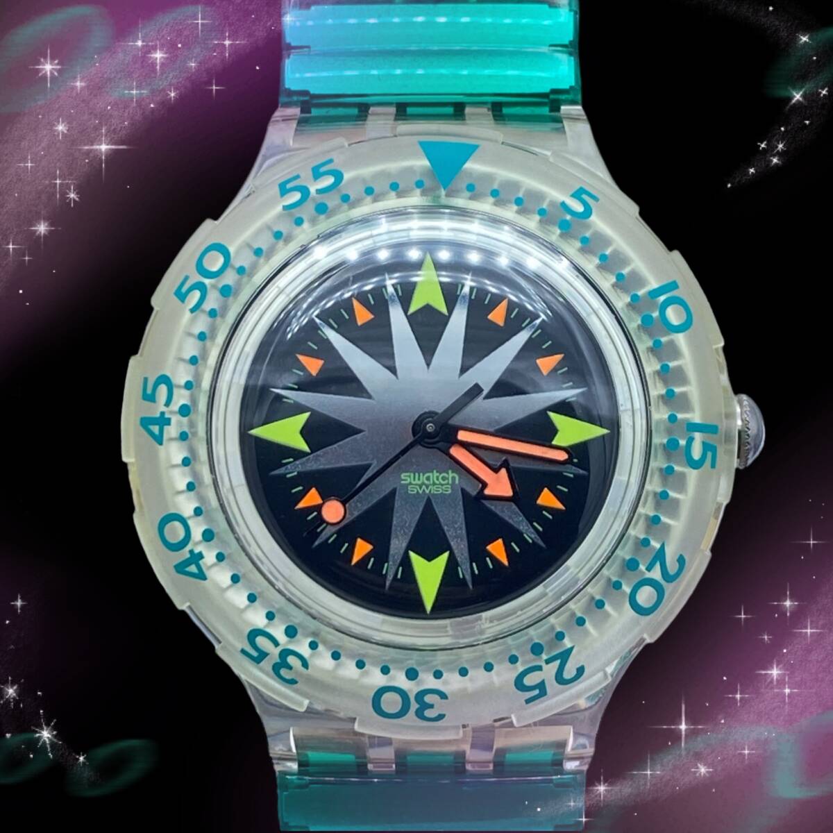 《美品 稼働品》 スウォッチ swatch スクーバ SCUBA MINT DROPS 回転ベゼル 防水 メンズ腕時計 ブラック文字盤 クオーツ の画像7