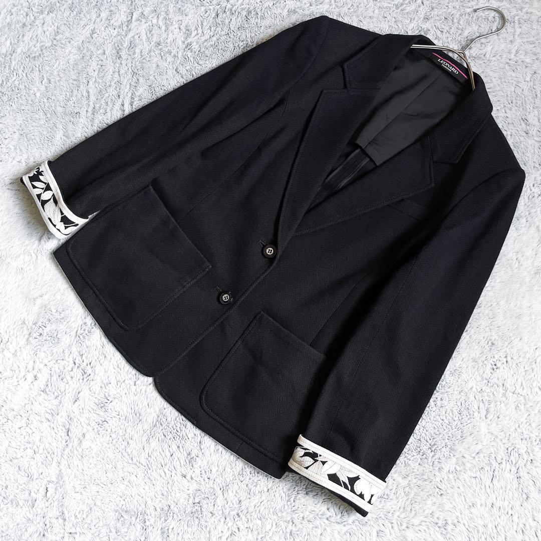 【LEONARD】レオナール テーラードジャケット 2B ロゴ刻印釦 コットン100% トリム 背抜き 9AR Mサイズ相当 黒の画像2