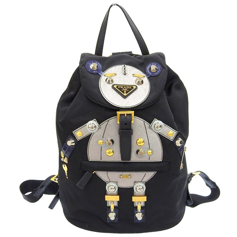  Prada PRADA robot backpack rucksack nylon leather black silver 1BZ032 used new arrival OB1739