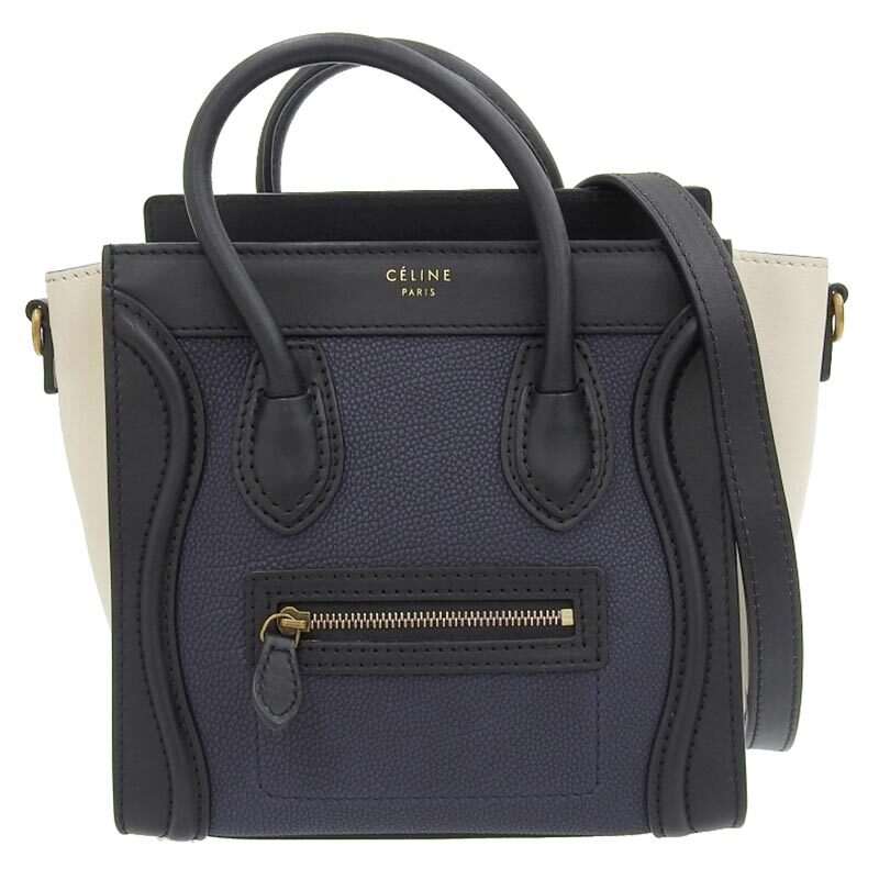  Celine CELINE багажный nano shopa-2WAY ручная сумочка сумка на плечо кожа темно-синий / черный / белый б/у новое поступление OB1798