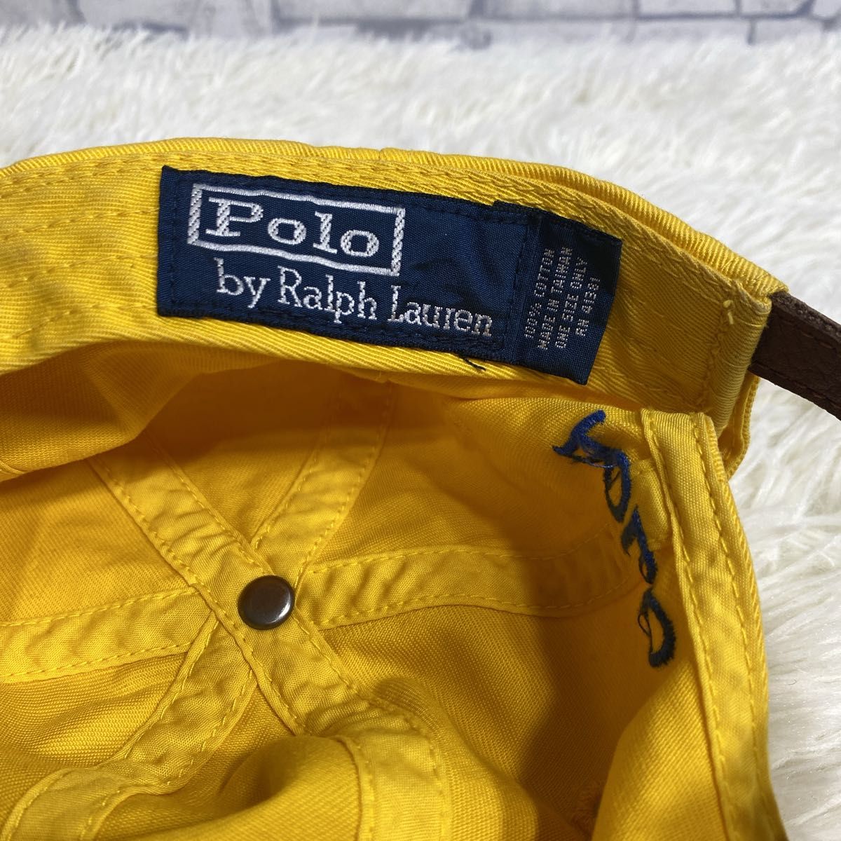 90s ポロ　ラルフローレン　ポニー刺繍　レザーベルト　キャップ　イエロー　帽子　Polo by Ralph Lauren