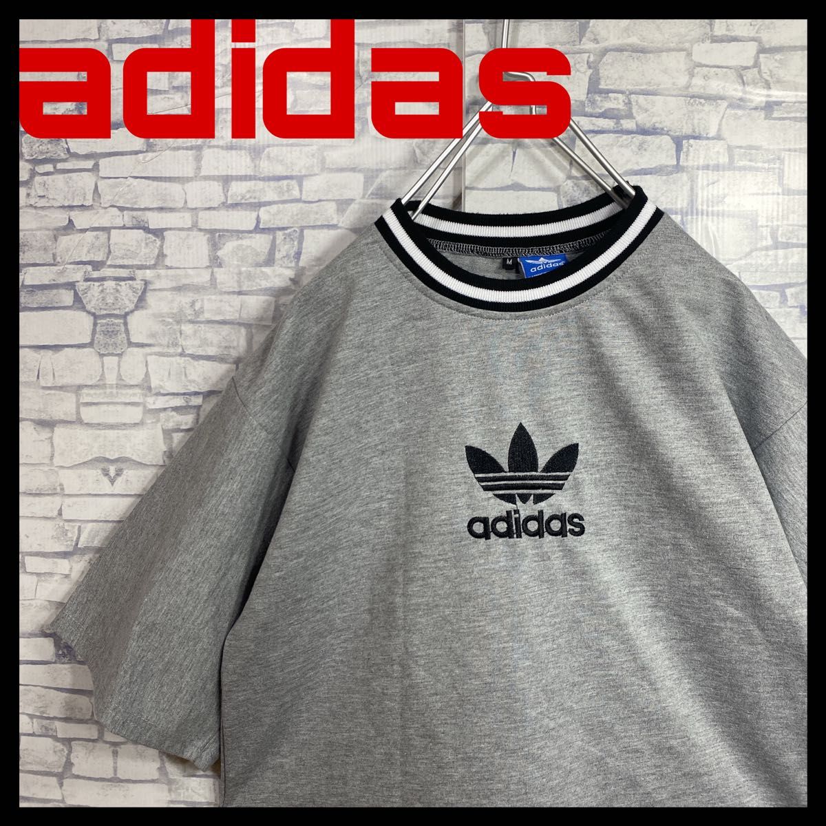 adidas アディダス　センター刺繍ロゴ　アーチバックロゴ　リンガーネック　半袖Tシャツ　 Mサイズ　古着　トレフォイルロゴ