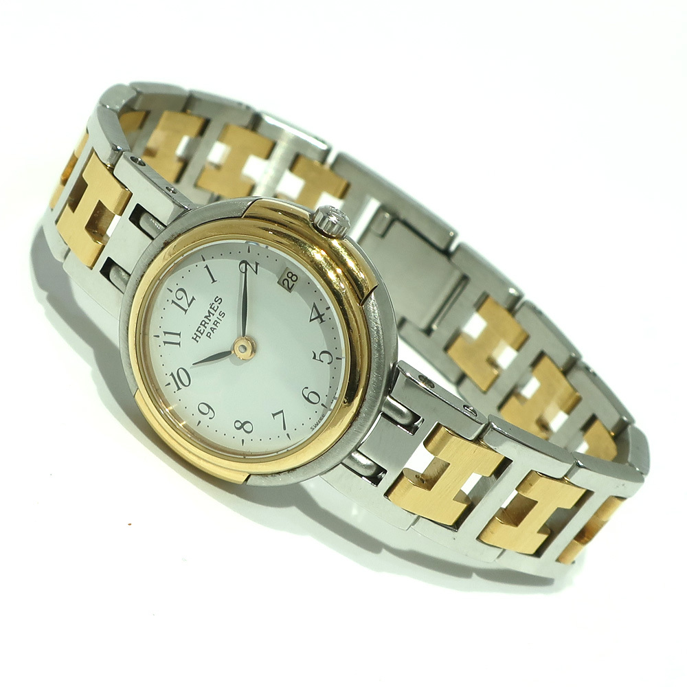 [ Tempaku ] Hermes wristwatch u in The - lady's quarts combination SS GP white face Date body only 