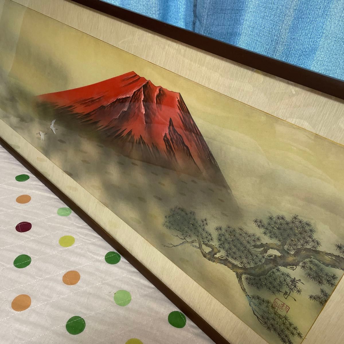 赤富士 鶴 松 開運絵画 風水 当時物 日本画 富士山 絵画 額装 風景画