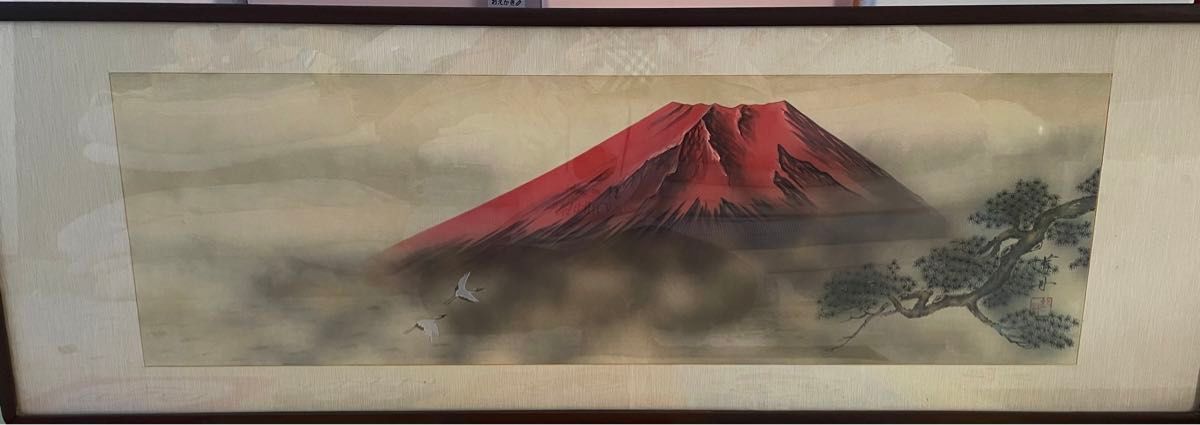 赤富士 鶴 松 開運絵画 風水 当時物 日本画 富士山 絵画 額装 風景画