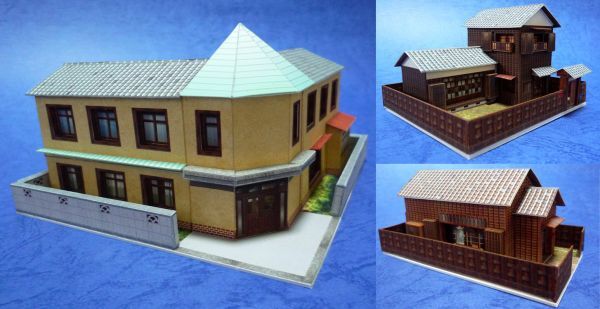(印刷版) ペーパークラフト「昭和の建物4」モダンアパートと住宅　3個セット（Ｎスケール）_完成見本