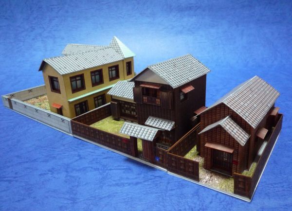 (印刷版) ペーパーストラクチャー「昭和の建物4」モダンアパートと住宅　3個セット（Ｎスケール）_完成見本