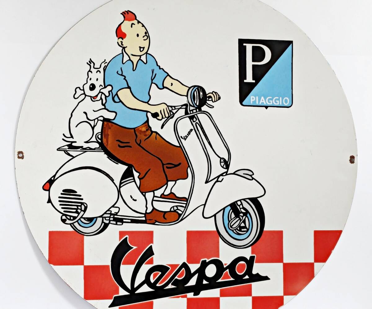 希少 ヴィンテージ スチール製ホーロー看板【ベスパ Vespa PIAGGIO タンタンの冒険★ビッグサイズ 直径76cm★アメリカ製サインプレート】_画像6