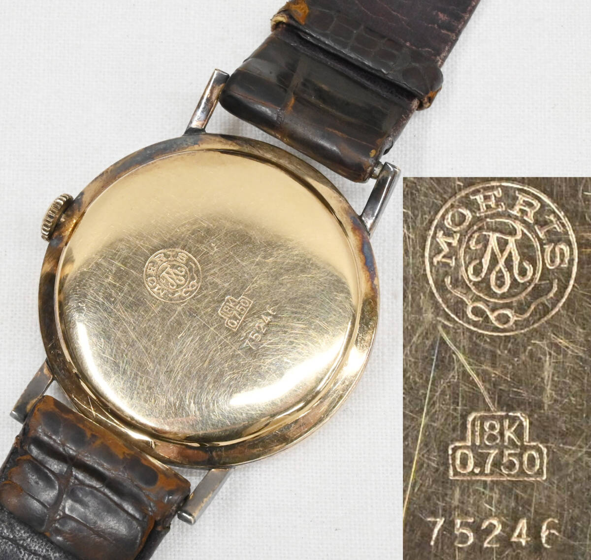 H707●18K MOERIS モーリス 手巻き 腕時計 17JEWELS ANTIMAGNETIC 18金 17石 アンティーク メンズ 腕時計の画像7