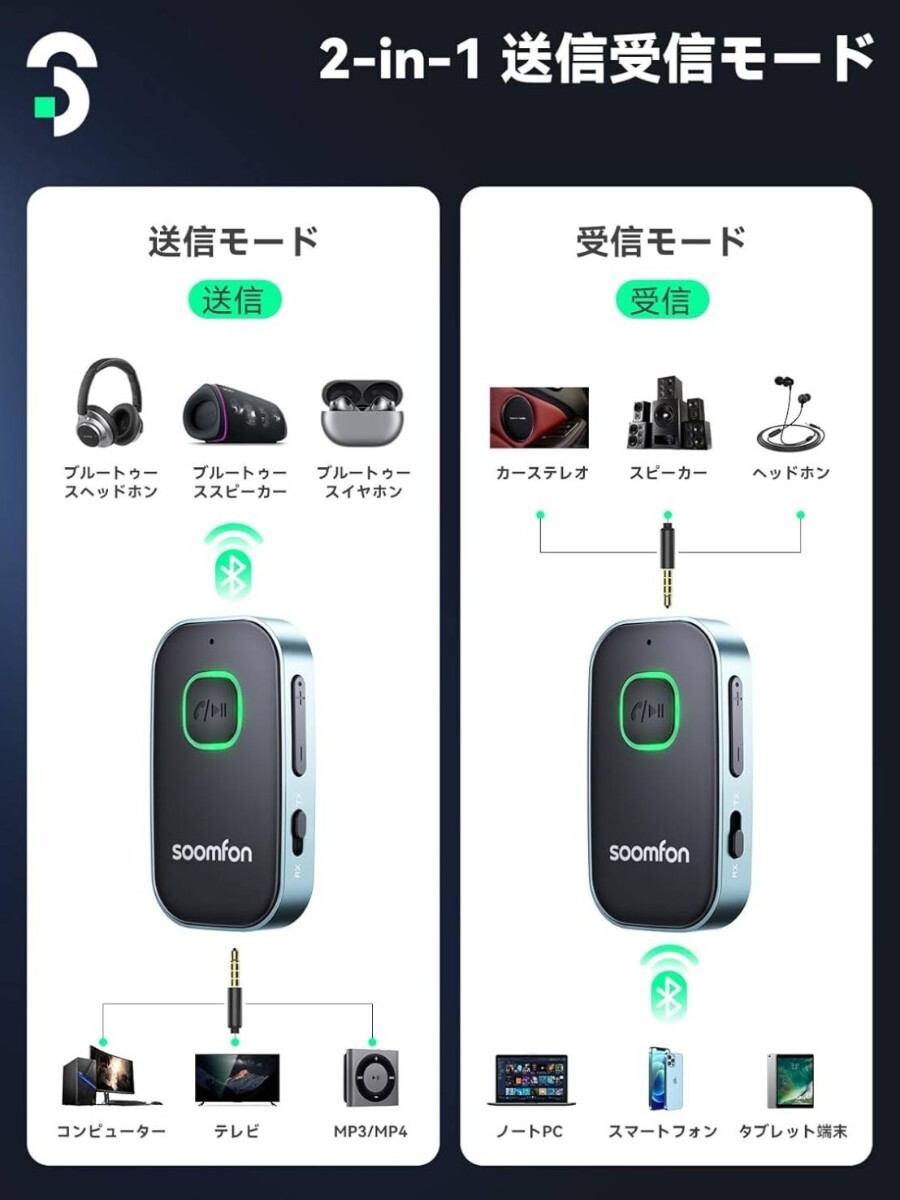 Aux Bluetooth 5.4 トランスミッター - SOOMFON Bluetooth レシーバー 一台二役 3.5mm ブルートゥース 送信機の画像4