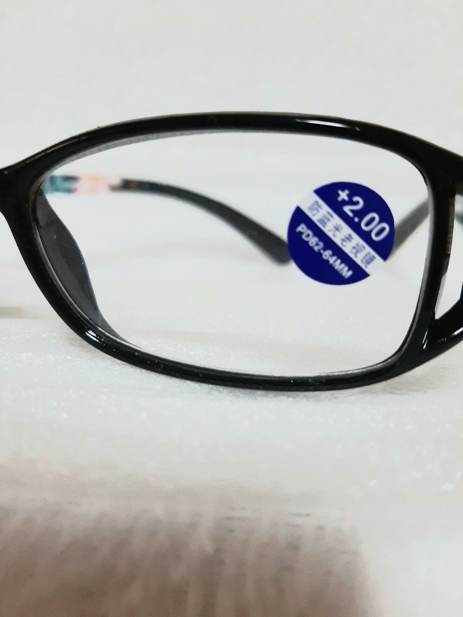 ブルーライトカット 紫外線カット シニアグラス 老眼鏡 +2.0 ブラック 花柄 軽量 度あり 読書 スマホ 新聞 