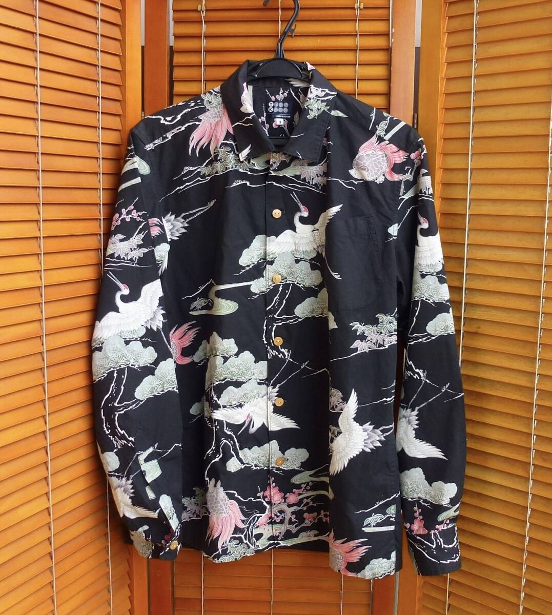  beautiful goods TAKEOKIKUCHI Takeo Kikuchi peace pattern crane pattern long sleeve shirt aloha shirt L size corresponding prompt decision equipped!