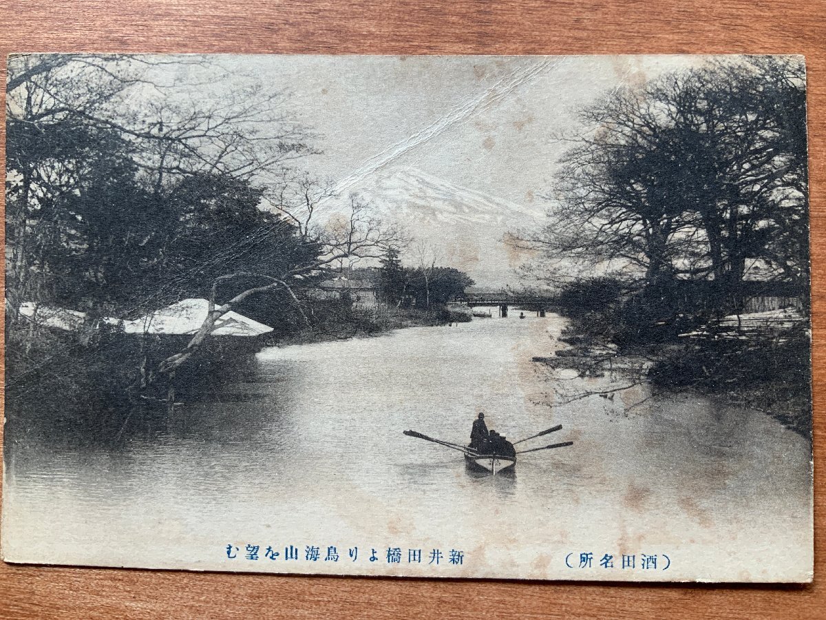 VV-1966 ■送料込■ 山形県 酒田市 新井田橋より鳥海山 舟 人 橋 残雪 河川 川 風景 自然 レトロ 山 絵葉書 古葉書 写真 古写真/くNAら_画像1