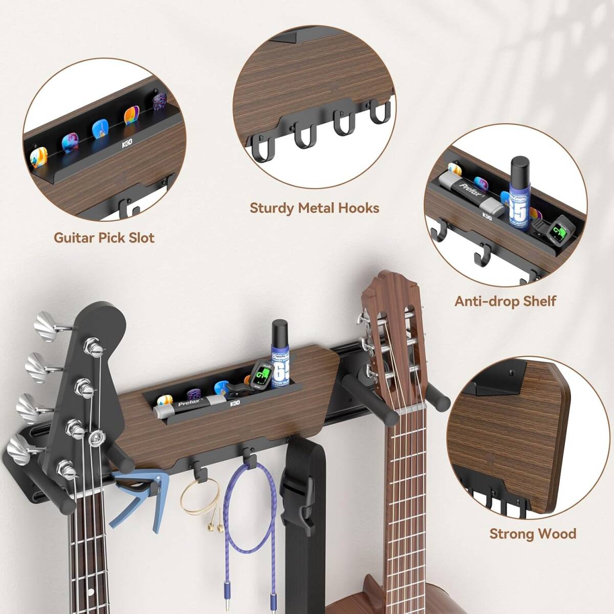 KDD ギタースタンド 壁掛け 2本収納 木製 ギターフック 取り外し可能 ギターハンガー ピックホルダーと4つのフック付き 耐荷_画像2