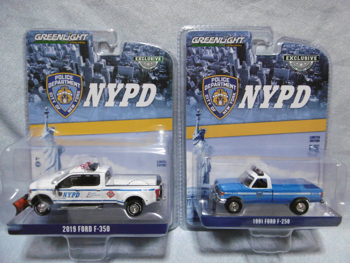 未開封未使用品 GREENLiGHT グリーンライト NYPD 1991 FORD F-250 & 2019 FORD F-350 2台組の画像1