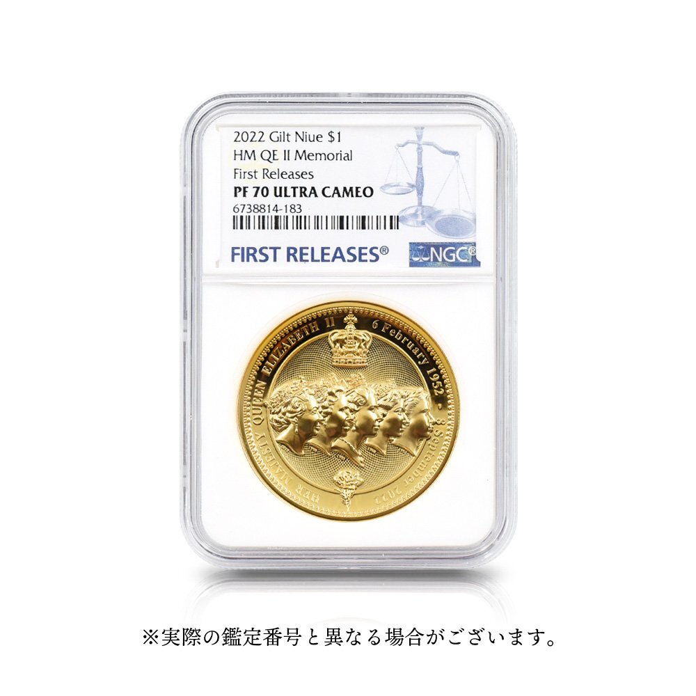 【★１円スタート】ニウエ 2022 エリザベス2世 追悼記念 1ドル金メッキ銅貨 ファーストリリース NGC PF70UC COA付き_画像3