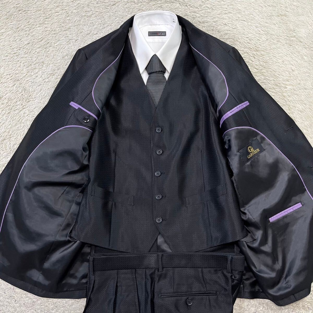 【未使用級・希少サイズ】ガルニエ　GARNIER スーツ　セットアップ　3ピース　スリーピース　ジャケット　総柄　ブラック　黒　LL_画像5