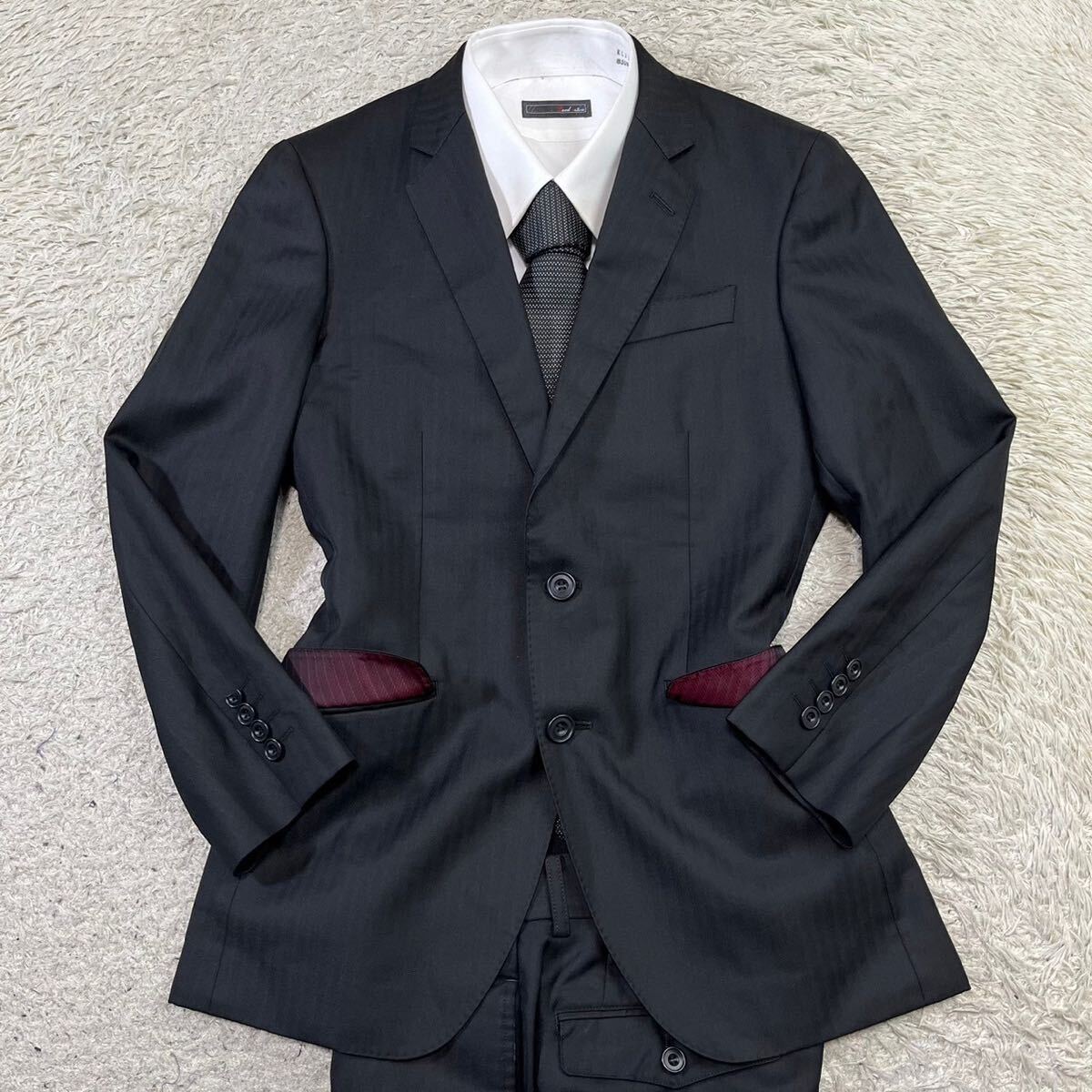 メンズビギ【溢れる高級感】MEN'S BIGI スーツ　セットアップ　テーラードジャケット　ストライプ　ブラック　黒_画像2
