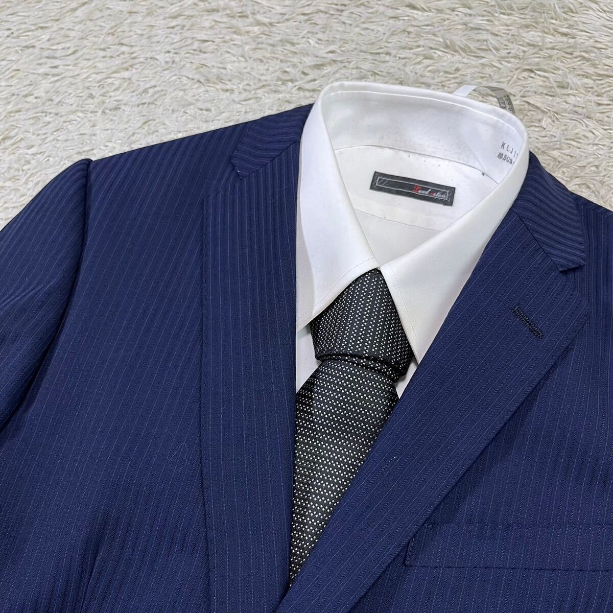 パーフェクトスーツファクトリー【鮮やかな色味】P.S.FA スーツ　セットアップ　テーラードジャケット　ストライプ　ブルー　ネイビー M位_画像3