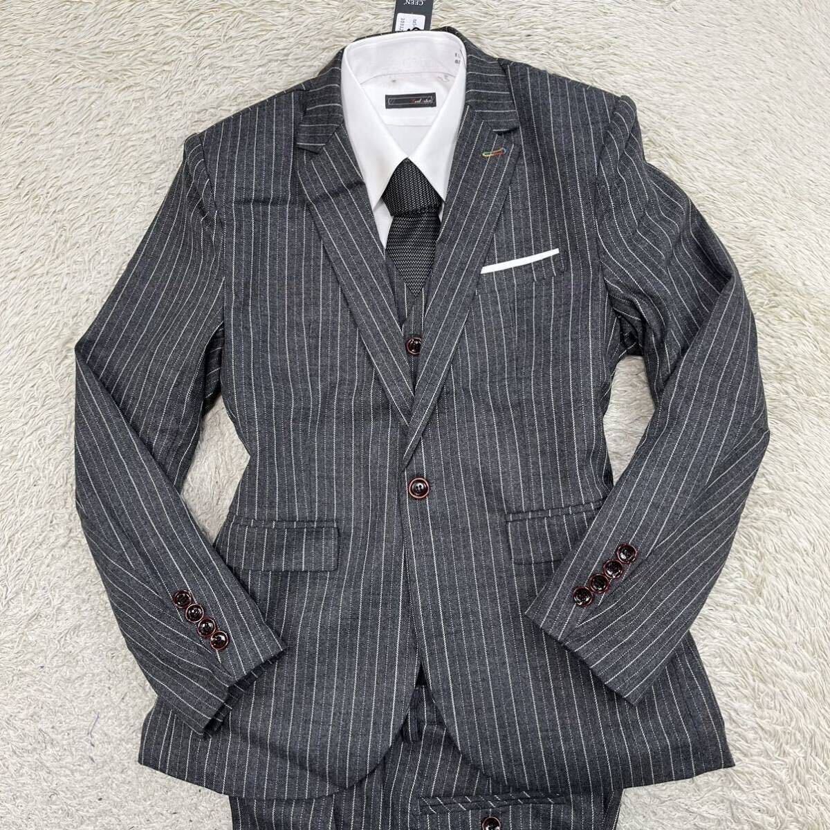 [ new goods ]CEEN suit setup 3 piece three-piece tailored jacket stripe gray M