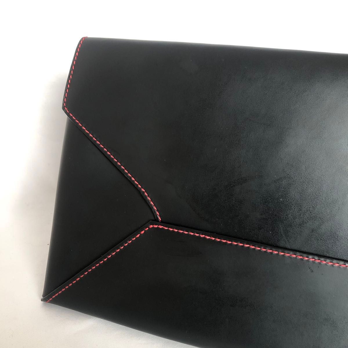 本革 PC タブレットケース クラッチバッグ 書類ケース レザー ブラック　赤ステッチ