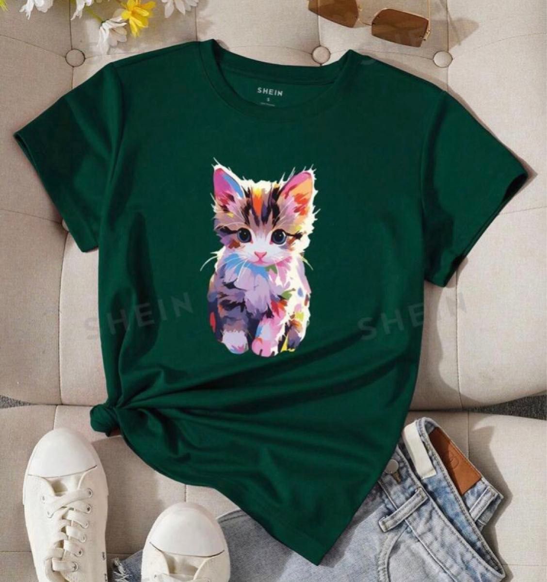 猫柄　半袖Tシャツ　子猫　ダークグリーン