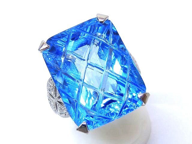 人気新品 加工 キルティング ブルートパーズ 大粒 11.5号 ■ リング プラチナ Pt900 新品同様 31.72ct □5F6DS レディース 指輪 0.17ct ダイヤ トパーズ